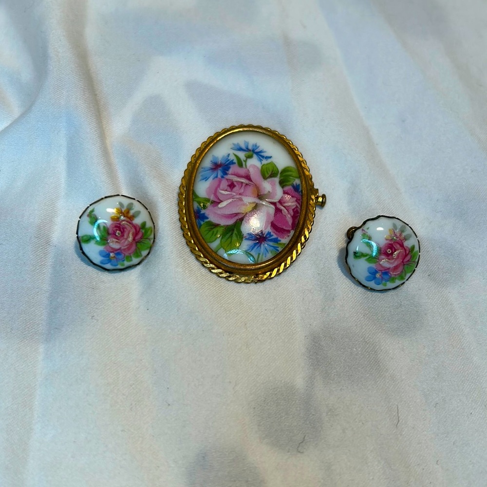 Antique French Porcelain Hand-painted Brooch and Earrings